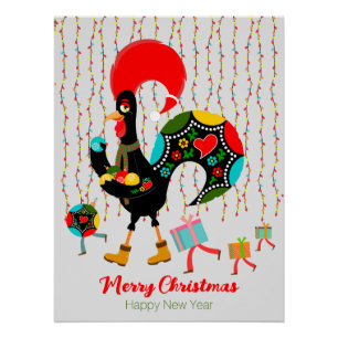 Christmas lights, baubles, presents and Rooster Poster