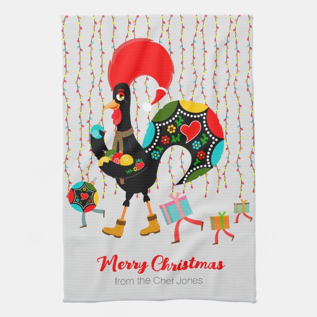 Christmas lights, baubles, presents and Rooster Tea Towel (Vertical)