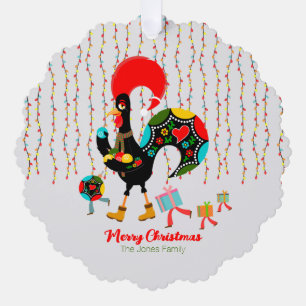 Christmas lights, baubles, presents and Rooster Tree Decoration Card