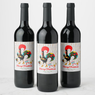 Christmas lights, baubles, presents and Rooster Wine Label