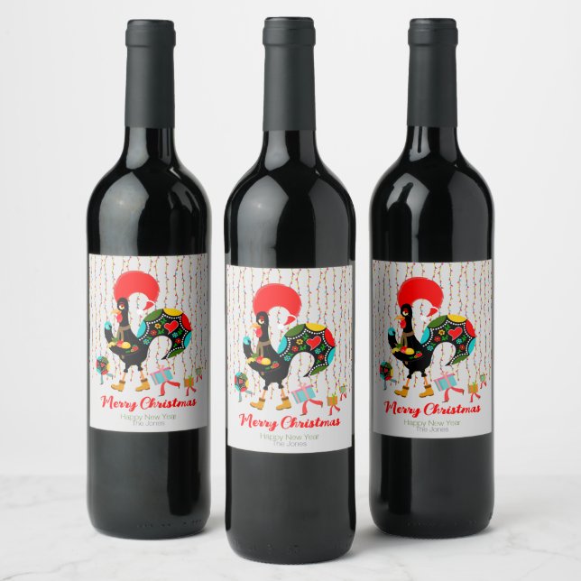 Christmas lights, baubles, presents and Rooster Wine Label (Bottles)