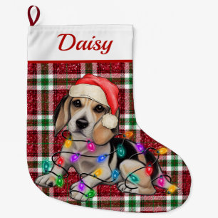 Christmas Lights Beagle Sparkly Plaid Tartan Large Christmas Stocking