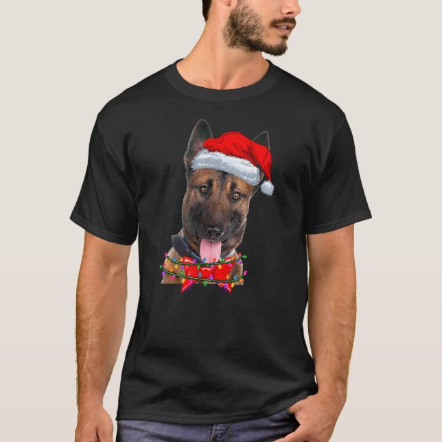 Christmas Lights Belgian Malinois Wearing Xmas Hat T-Shirt (Front)