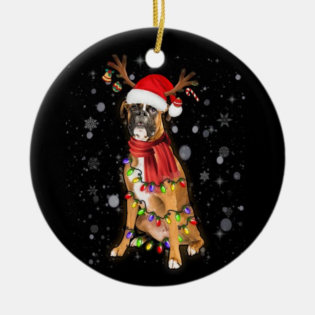 Christmas Lights Boxer Dog With Horn Reindeer Ceramic Tree Decoration (Front)