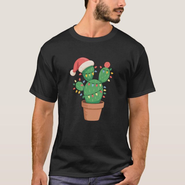 Christmas Lights Cactus Lover Funny Xmas For Men W T-Shirt (Front)