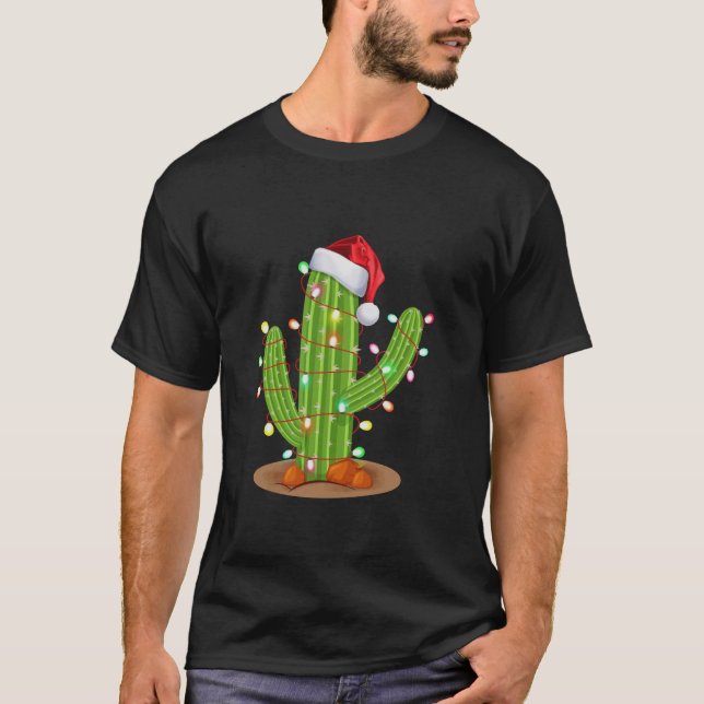 Christmas Lights Cactus Lover Funny Xmas Long Slee T-Shirt (Front)