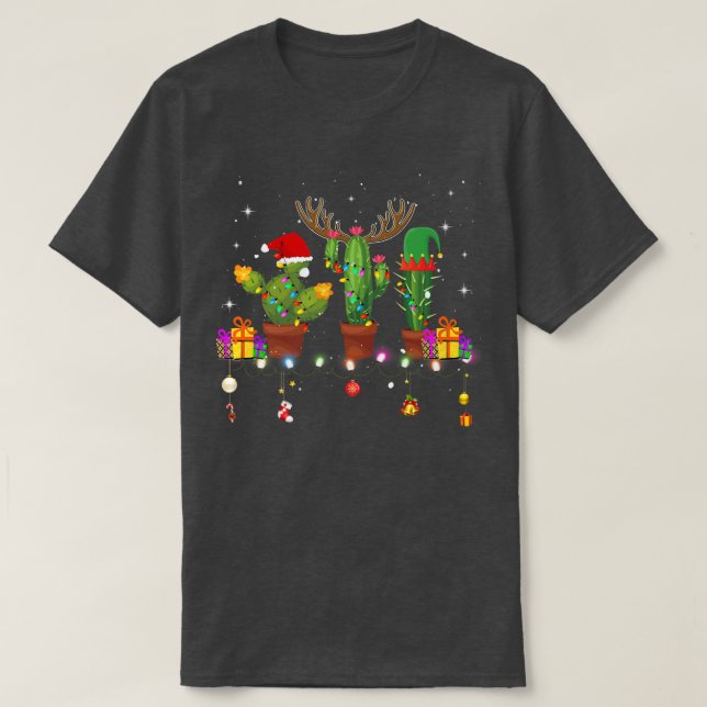 Christmas Lights Cactus Lover Funny Xmas Pajama Ho T-Shirt (Design Front)