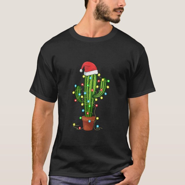 Christmas Lights Cactus Lover Funny Xmas T-Shirt (Front)
