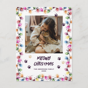Christmas Lights Cat Paws Purple Photo Meowy Postcard
