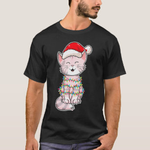 Christmas Lights Cat Wearing Xmas Hat Cute Cat T-Shirt