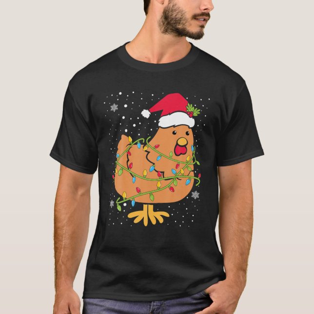 Christmas Lights Chicken Santa Hat Funny Xmas T-Shirt (Front)