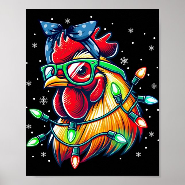 Christmas Lights Chicken Santa Hat Funny Xmas Tree Poster (Front)