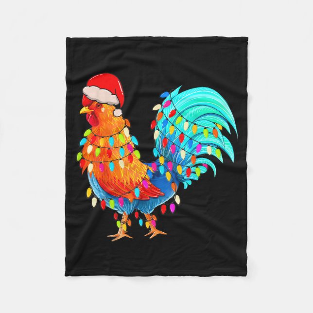 Christmas Lights Chicken Wearing Xmas Hat Chicken  Fleece Blanket (Front)