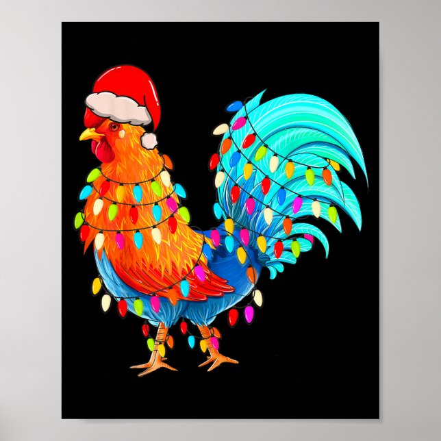 Christmas Lights Chicken Wearing Xmas Hat Chicken  Poster (Front)