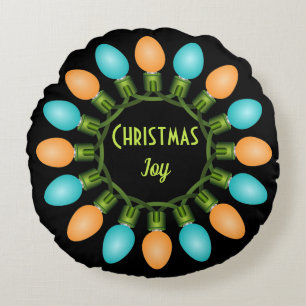 Christmas Lights Circle in Orange and Blue Round Cushion