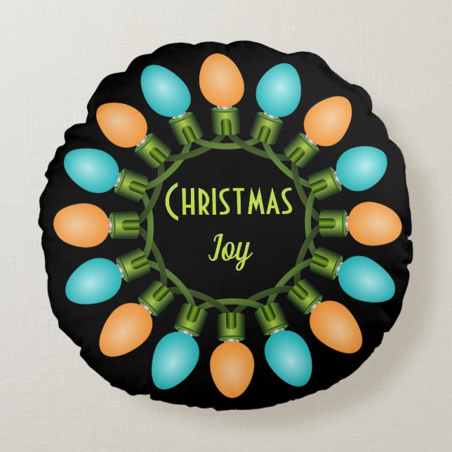 Christmas Lights Circle in Orange and Blue Round Cushion (Front)