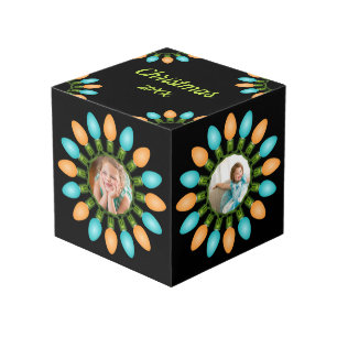 Christmas Lights Circle Orange and Blue Photo Cube