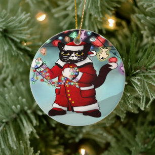 Christmas Lights Cute Tuxedo Cat Ceramic Tree Decoration