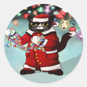 Christmas Lights Cute Tuxedo Cat Classic Round Sti Sticker