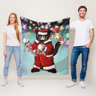 Christmas Lights Cute Tuxedo Cat Fleece Blanket