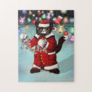 Christmas Lights Cute Tuxedo Cat Jigsaw Puzzle