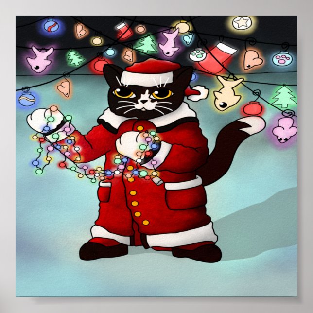 Christmas Lights Cute Tuxedo Cat Poster (Front)