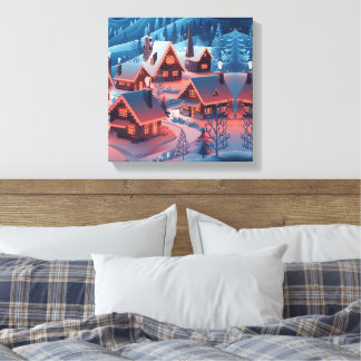 Christmas Lights Decorated Snow Covered Village Ho Canvas Print