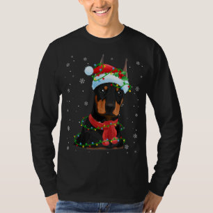 Christmas Lights Doberman Dog Santa Hat Scarf T-Shirt