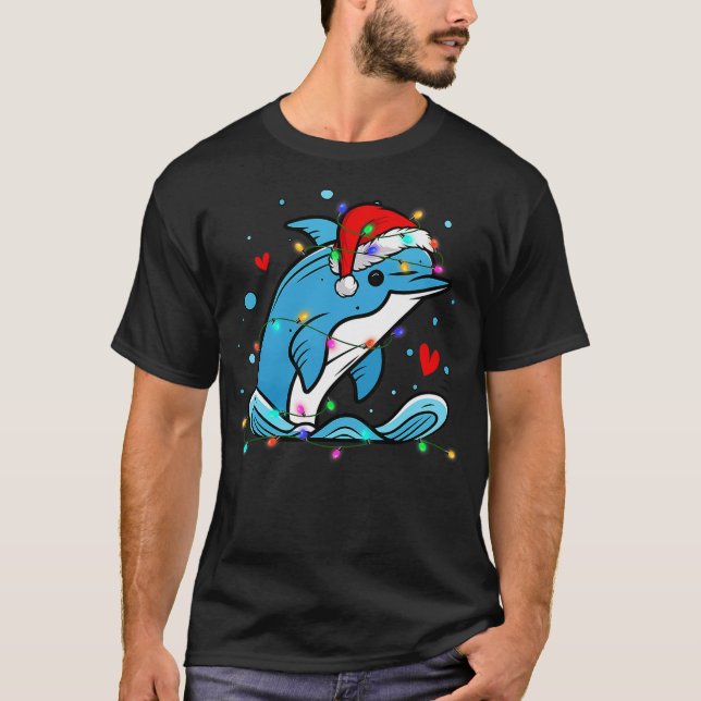 Christmas Lights Dolphin Wearing Xmas Hat - Dolphi T-Shirt (Front)