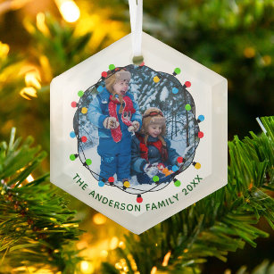 Christmas Lights Family Photo Cute Annual Keepsake Glass Tree Decoration