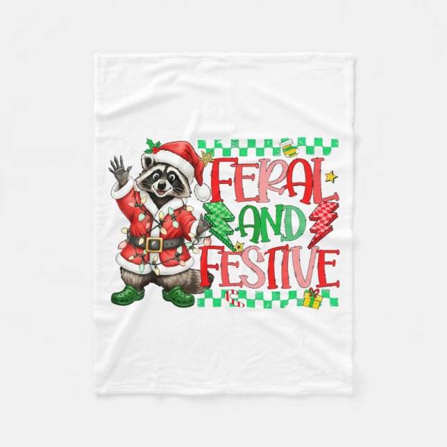 Christmas Lights Feral But Festive Funny Raccoon S Fleece Blanket (Front)