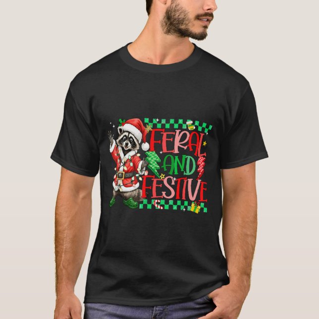 Christmas Lights Feral But Festive Funny Raccoon S T-Shirt (Front)
