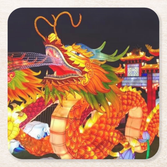 Christmas Lights Festival Chinese Dragon Lantern Square Paper Coaster (Front)