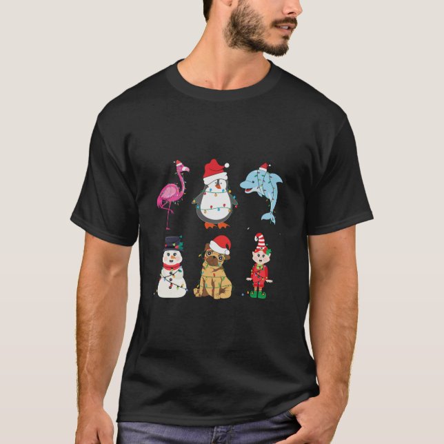 Christmas Lights Flamingo Snowman Delphin Dog Elf  T-Shirt (Front)