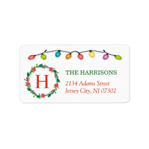 Christmas Lights Floral Wreath Family Monogram Label