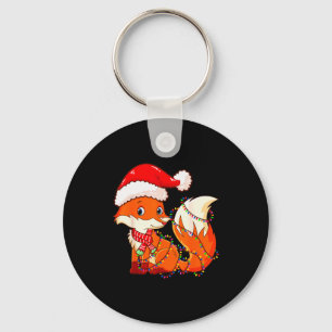 Christmas Lights Fox Wearing Xmas Hat - Cute Funny Key Ring