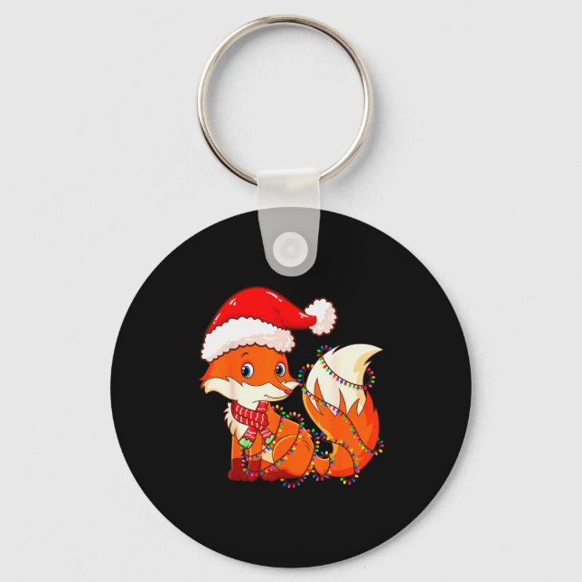 Christmas Lights Fox Wearing Xmas Hat - Cute Funny Key Ring (Front)