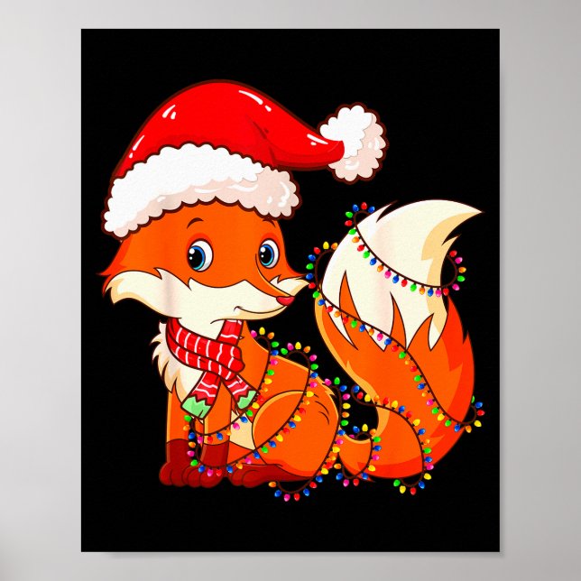 Christmas Lights Fox Wearing Xmas Hat - Cute Funny Poster (Front)