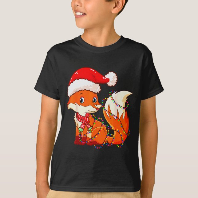 Christmas Lights Fox Wearing Xmas Hat - Cute Funny T-Shirt (Front)