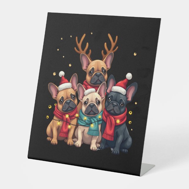 Christmas Lights French Bulldogs Xmas Frenchie Dog Pedestal Sign (Front)