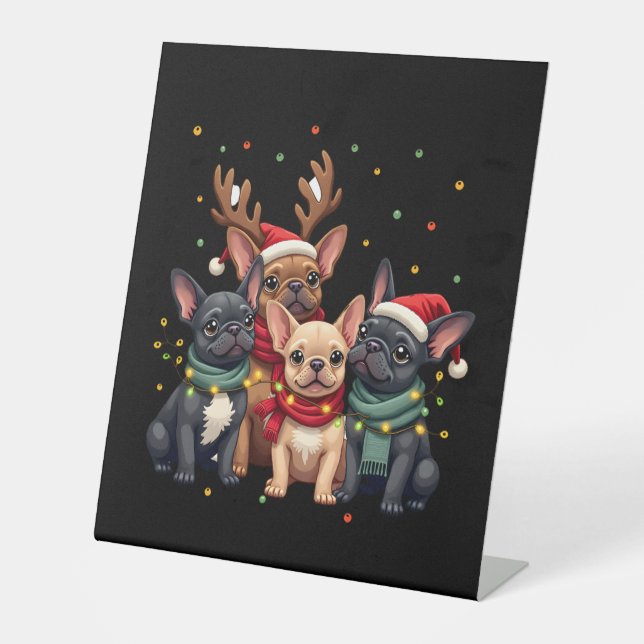 Christmas Lights French Bulldogs Xmas Frenchie Dog Pedestal Sign (Front)