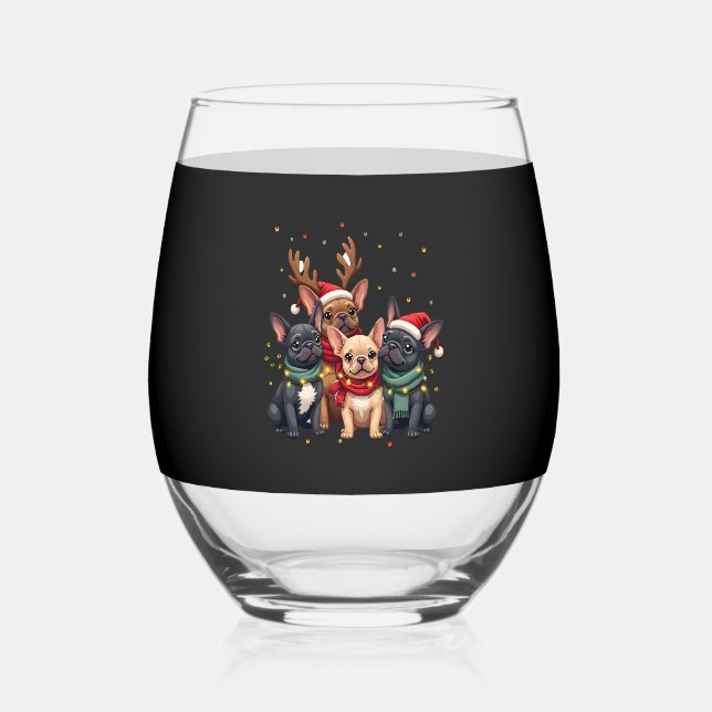 Christmas Lights French Bulldogs Xmas Frenchie Dog Stemless Wine Glass (Front)