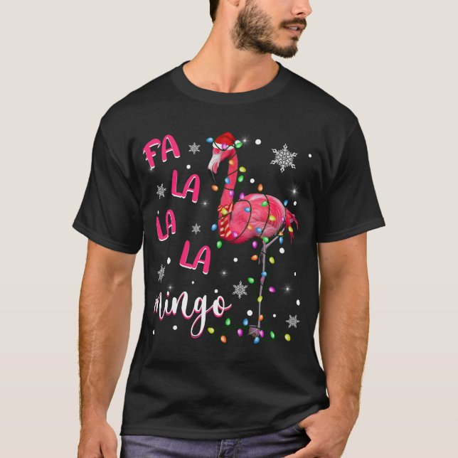 Christmas Lights Funny Xmas Santa Hat Flamingo Ani T-Shirt (Front)