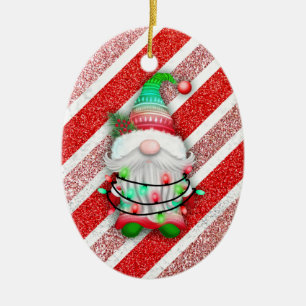 Christmas lights Gnome On Candy Cane Glitter Ceramic Tree Decoration