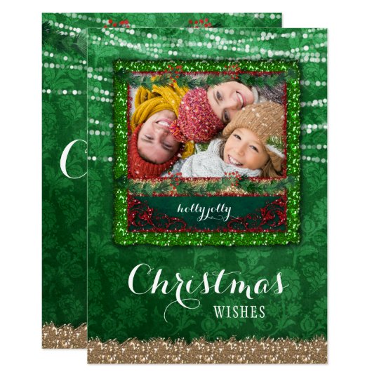 Christmas Lights Green Damask Photo Card