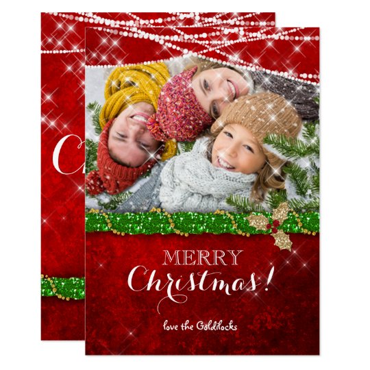 Christmas Lights Green Garland Holly Photo Card