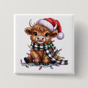 Christmas Lights Highland Cow Santa Hat 15 Cm Square Badge