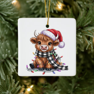 Christmas Lights Highland Cow Santa Hat Ceramic Ornament