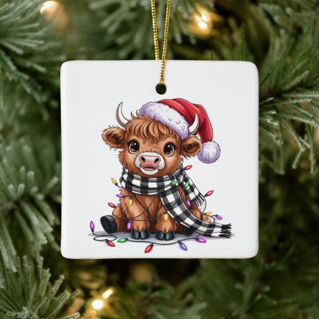 Christmas Lights Highland Cow Santa Hat Ceramic Ornament (Tree)