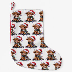 Christmas Lights Highland Cow Santa Hat Small Christmas Stocking